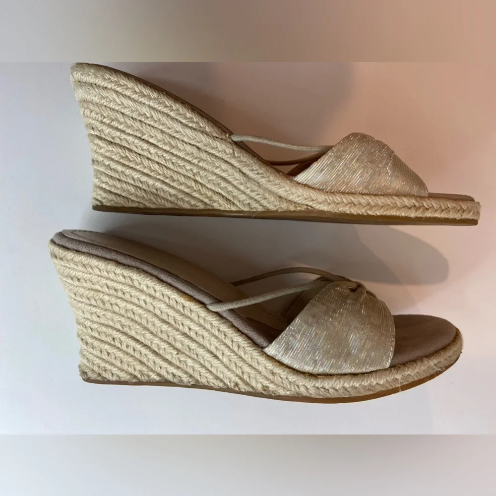 Aldo~Iridescent Gold Fabric Bow & String Thong~Espadrille Wedge~Sandal~Size 9